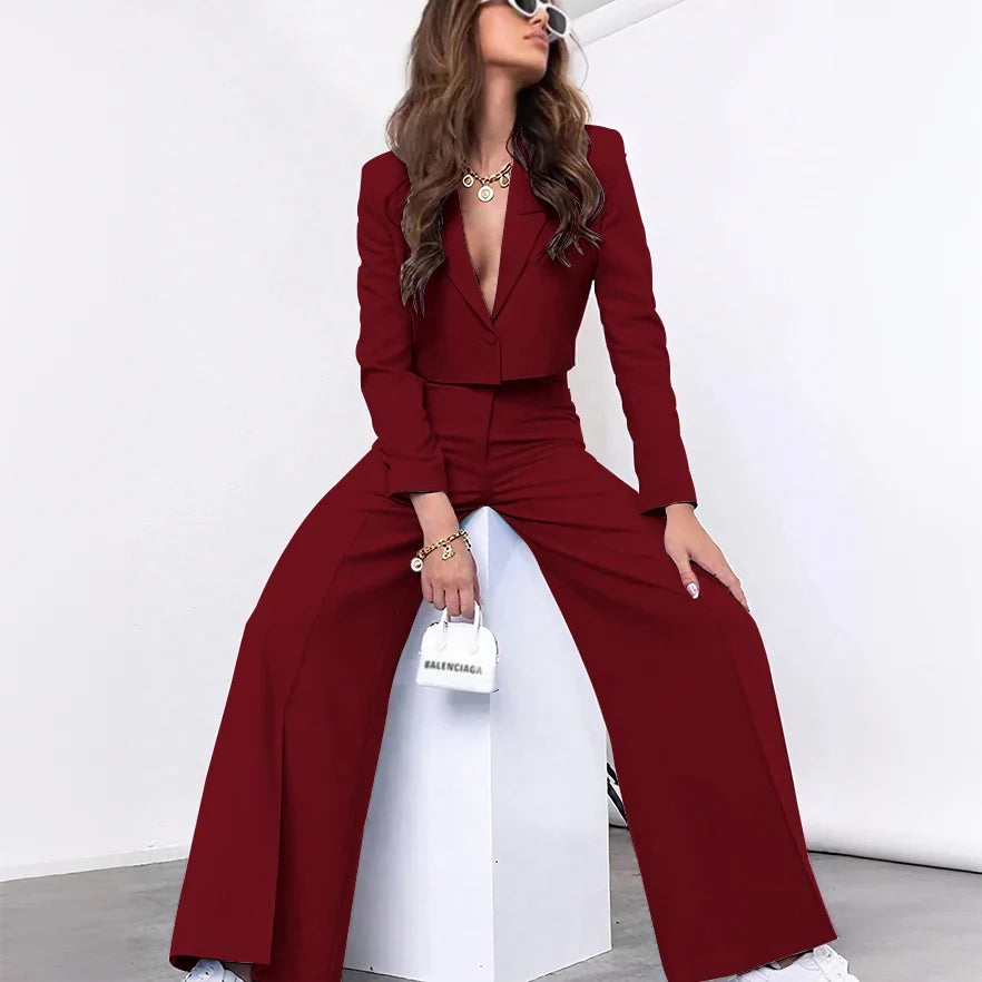 Single-grain Buckle Women Suit Two Pieces(Short Jacket+Pants) Peaked Lapel Office Lady for Business Daily Shopping Set Custom