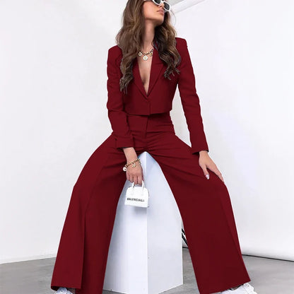 Single-grain Buckle Women Suit Two Pieces(Short Jacket+Pants) Peaked Lapel Office Lady for Business Daily Shopping Set Custom