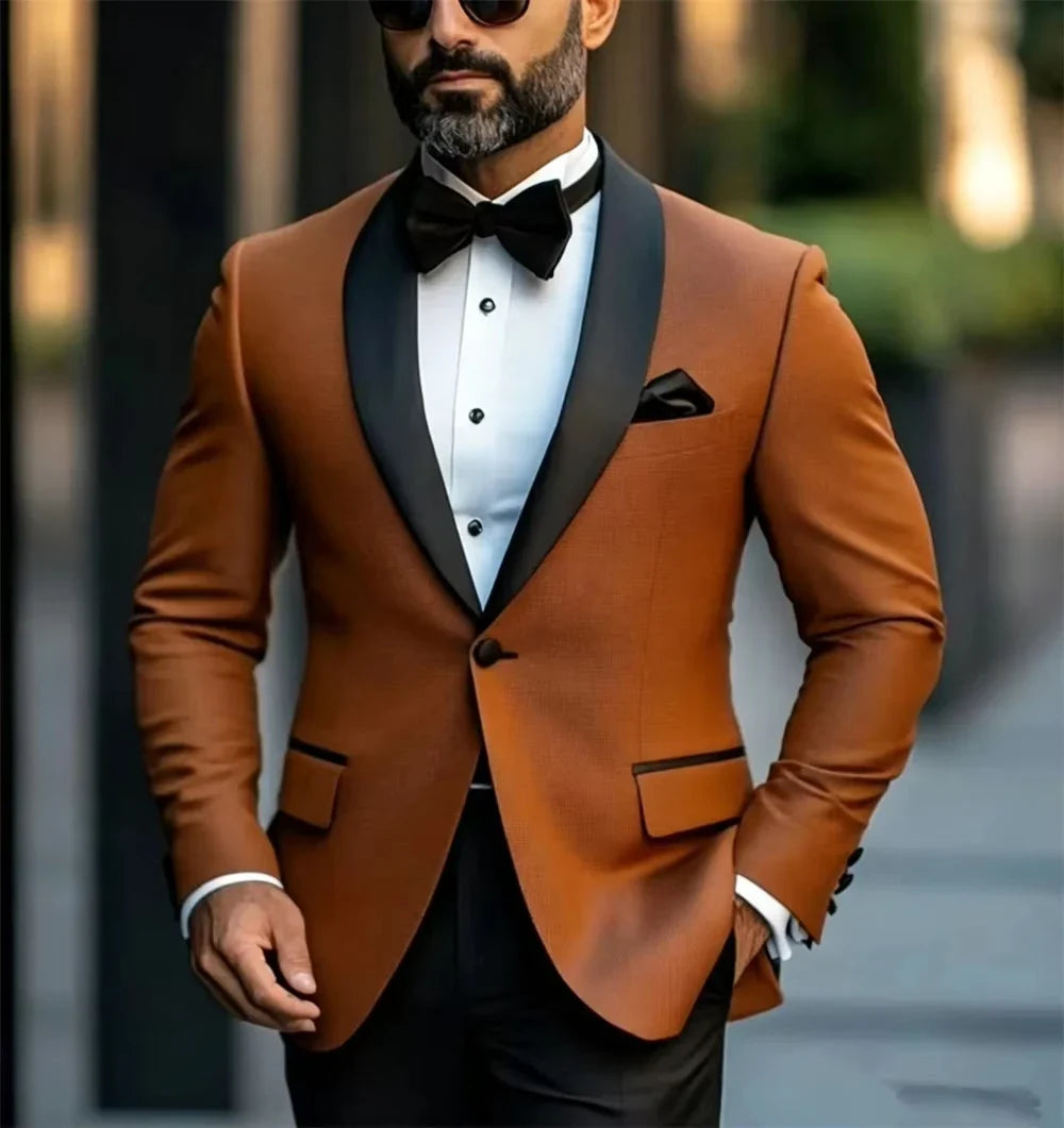 Men's Single Breasted Blazer with Black Lapels — Formal Business Tuxedo Jacket for Parties & Events