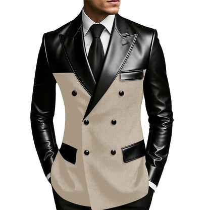 Men's Double Breasted Suit Blazer with Leather Patchwork for Weddings and Formal Events