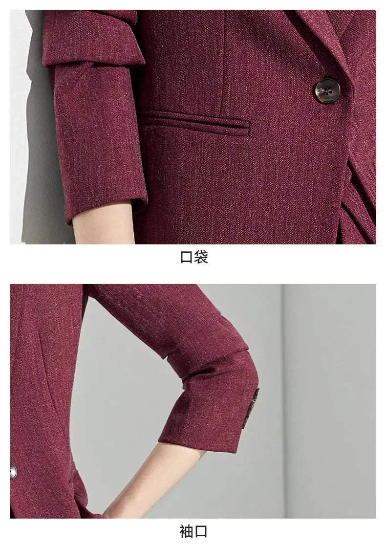 Formal Office Lady Slim Fit 2 Piece Suits Autumn Dark Brown Single Button Blazer And Pants Elegant Business Female Work Wear