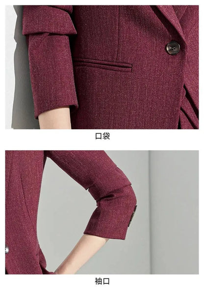 Formal Office Lady Slim Fit 2 Piece Suits Autumn Dark Brown Single Button Blazer And Pants Elegant Business Female Work Wear
