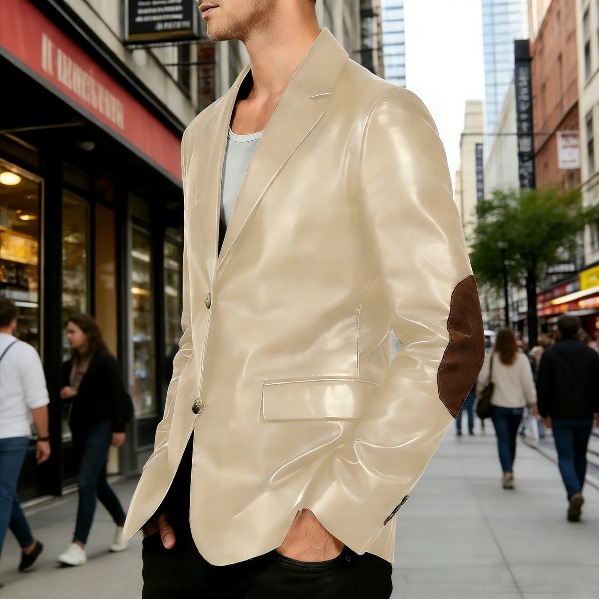 Men's Shiny Leather Blazer with Suede Elbow Patches Slim Fit 2-Button Notch Lapel Suit Jacket Streetwear Casual Party Sport Coat