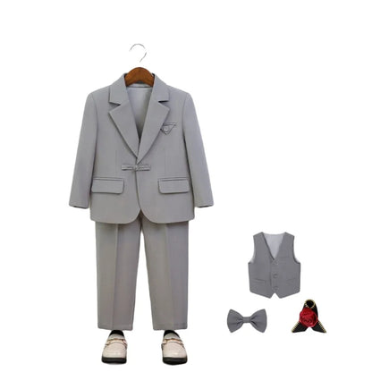 Gentleman Boys 5Pieces Formal Wedding Suit Set With Jacket Vest Pants Bowtie Brooch Kids Birthday Piano Performance Costume