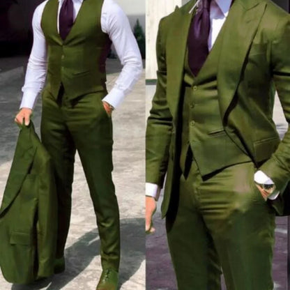 3PCS Men's Formal Tuxedo Set with Peaked Lapel Blazer Vest Pants - Fashion Business Suits for Wedding Party Groom
