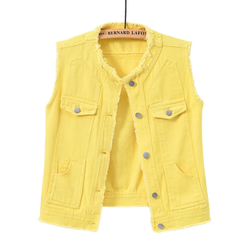 Autumn Women Denim Vests Sleeveless Waistcoat Students Casual Sleeveless Tops Jeans Jackets Pink Yellow White Orange Green 5XL