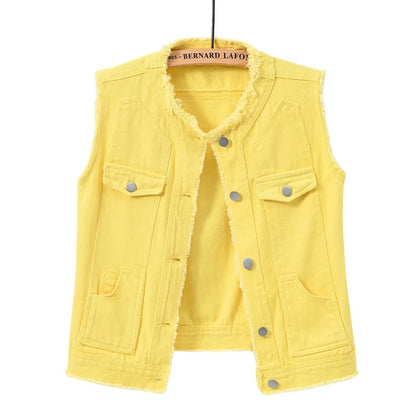Autumn Women Denim Vests Sleeveless Waistcoat Students Casual Sleeveless Tops Jeans Jackets Pink Yellow White Orange Green 5XL