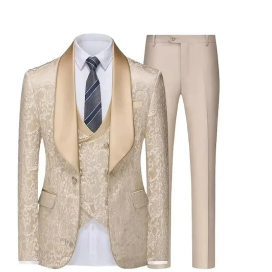 Champagne Jacquard 3 Piece Men Formal Suit, Fitted Peak Lapel Smoking Tuxedo Set, Luxury Elegant Wedding Party Outfit for Groom