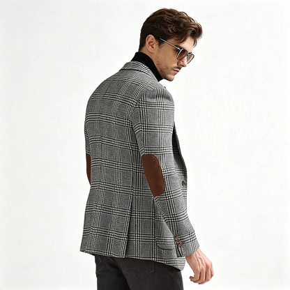 Vintage Wool Blend Plaid Men's Jackets Notched Collar Slim Fit Single Breasted Blazers With Suede Elbow Patches Business Casual