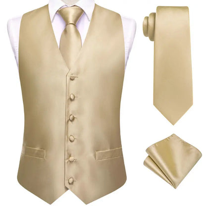 Men's Vest Double Breasted Satin V-Neck Waistcoat with Tie and Pocket Square 3-Piece Set for Weddings and Formal Events