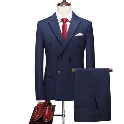 2 Pieces Fashion New Men's Business Double Breasted Solid Color Suit Coat Male Slim Fit Wedding Blazers Jacket Pants Trousers