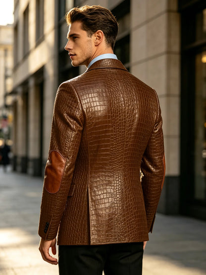 Men's Faux Leather Blazer  Crocodile Pattern Printed Sports Coat Jacket with Elbow Patch  For Party Prom Banquet Wedding Office