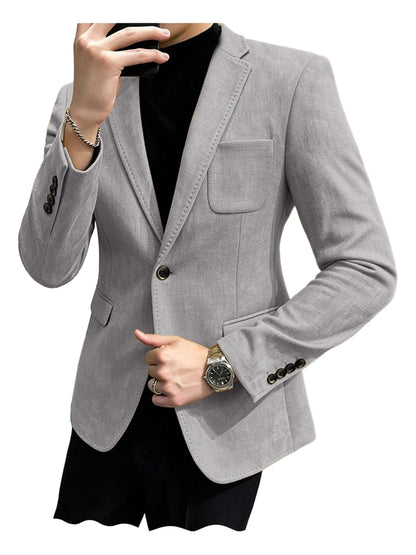 Mens Blazer Linen Blend Notched Lapel 1 Button Slim Fit Stitched Edge Patch Pockets Business Casual Daily Soft Breathable Jacket