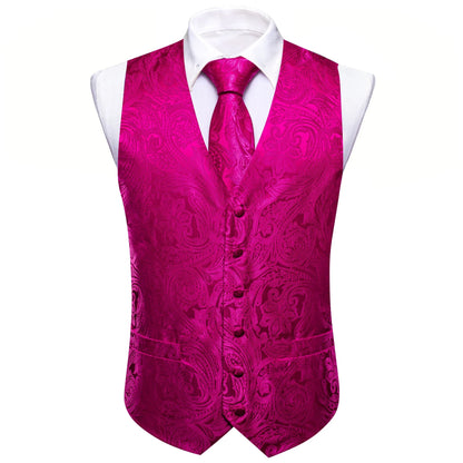 Men's Vest Set with Floral Tie Hanky and Cufflinks – Rose Pink Formal Waistcoat for Weddings and Banquets