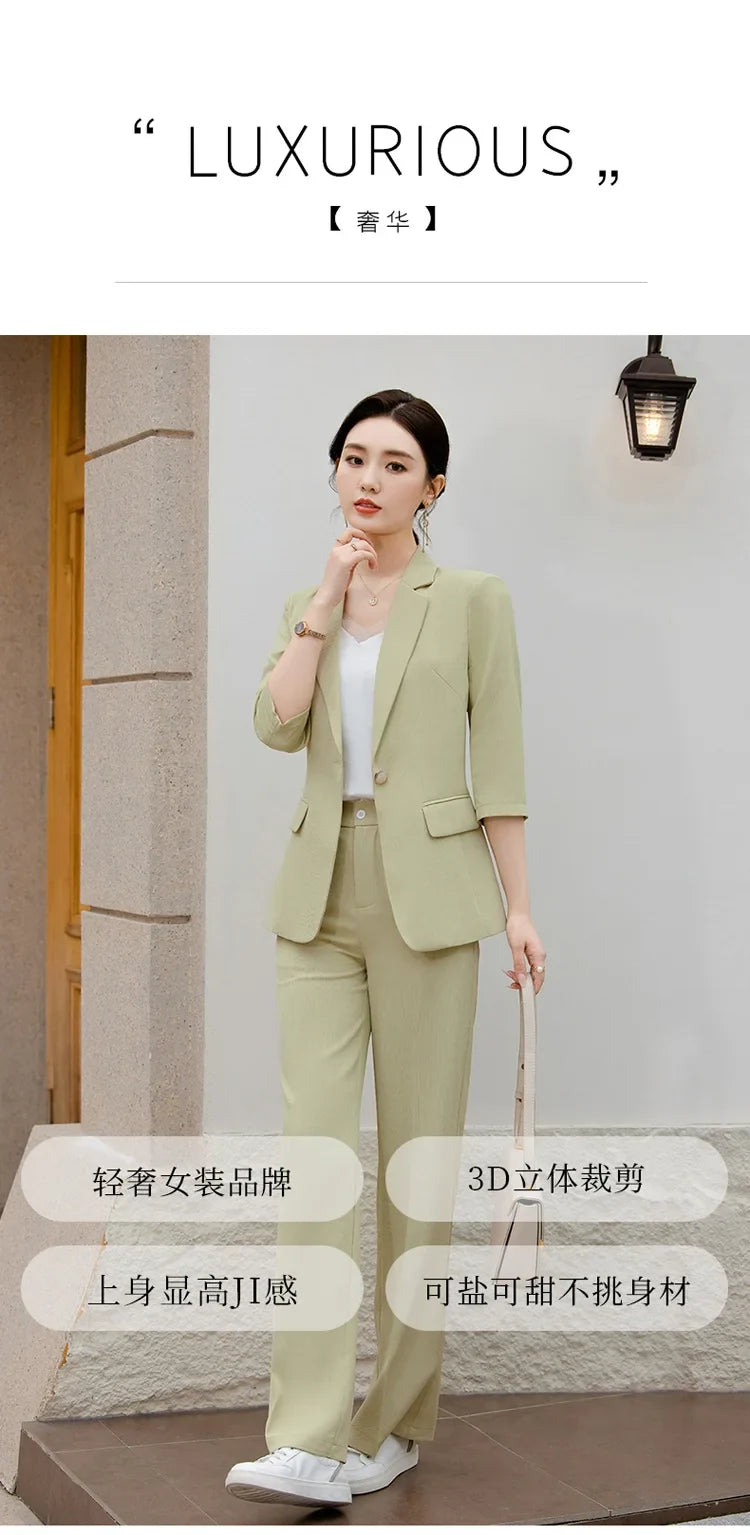 Office Pant Suits for Women Three Quarter Streetwear Casual Two Piece Set 2024 New Spring Summer Single Button Solid Pant Suits
