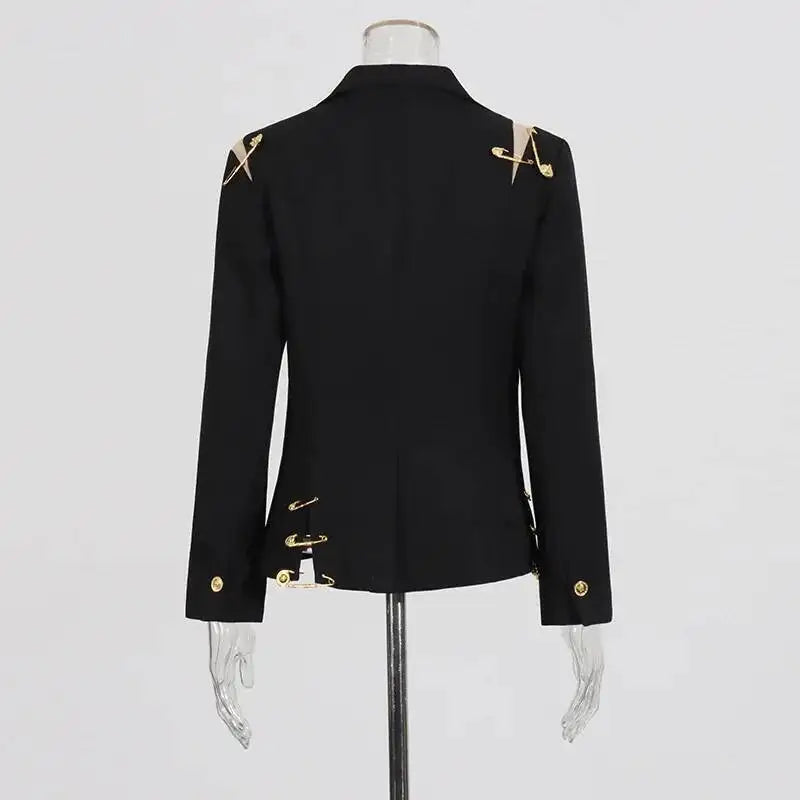 Autumn New Women Chic Blazer Asymmetrical Pin Design Single Button Slim Fit Elegant Fashion Office Lady Stylish Coat HK9876