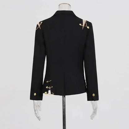 Autumn New Women Chic Blazer Asymmetrical Pin Design Single Button Slim Fit Elegant Fashion Office Lady Stylish Coat HK9876