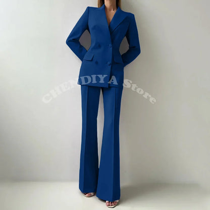 Women Suits Sets 2 Piece Elegant Peak Lapel Double Breasted Outfits Fashion Daily Casual Chic Female Suit (Jacket+Pants)