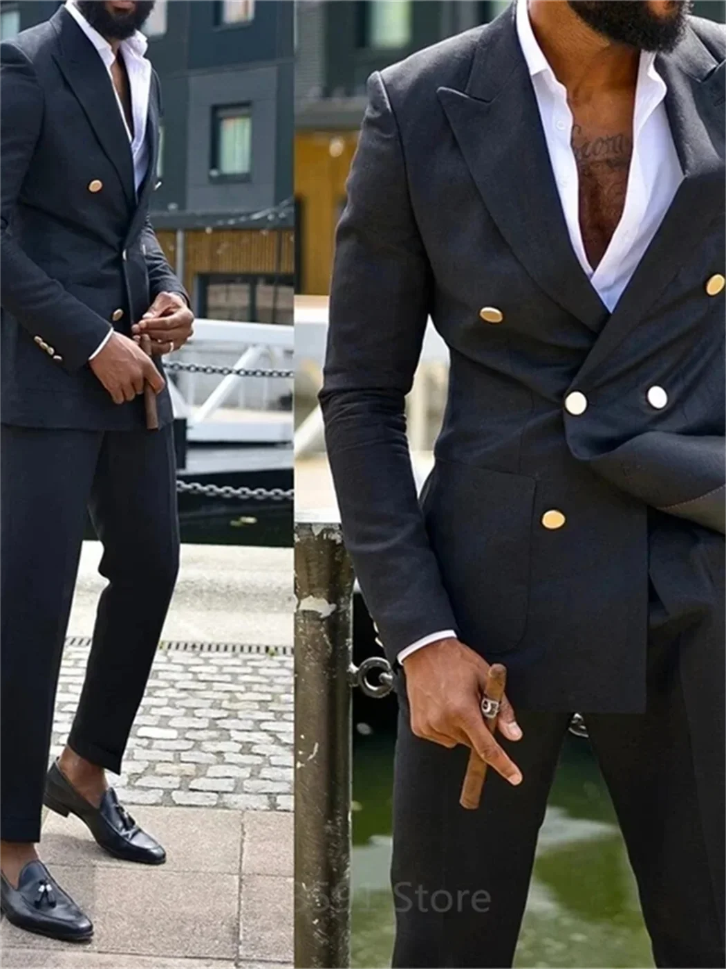 Costume Homme 2 pièces à Double Boutonnage et Revers Pointus pour Mariage, Coupe Slim, Smoking Formel de Marié Noir, Fait sur Mesure, Veste et Pantalon
