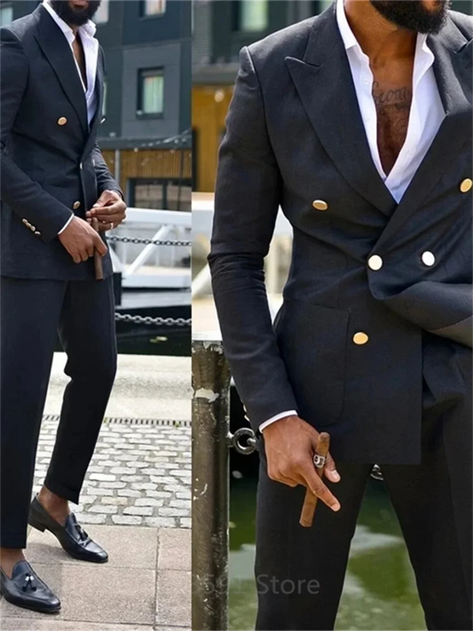 Costume Homme 2 pièces à Double Boutonnage et Revers Pointus pour Mariage, Coupe Slim, Smoking Formel de Marié Noir, Fait sur Mesure, Veste et Pantalon