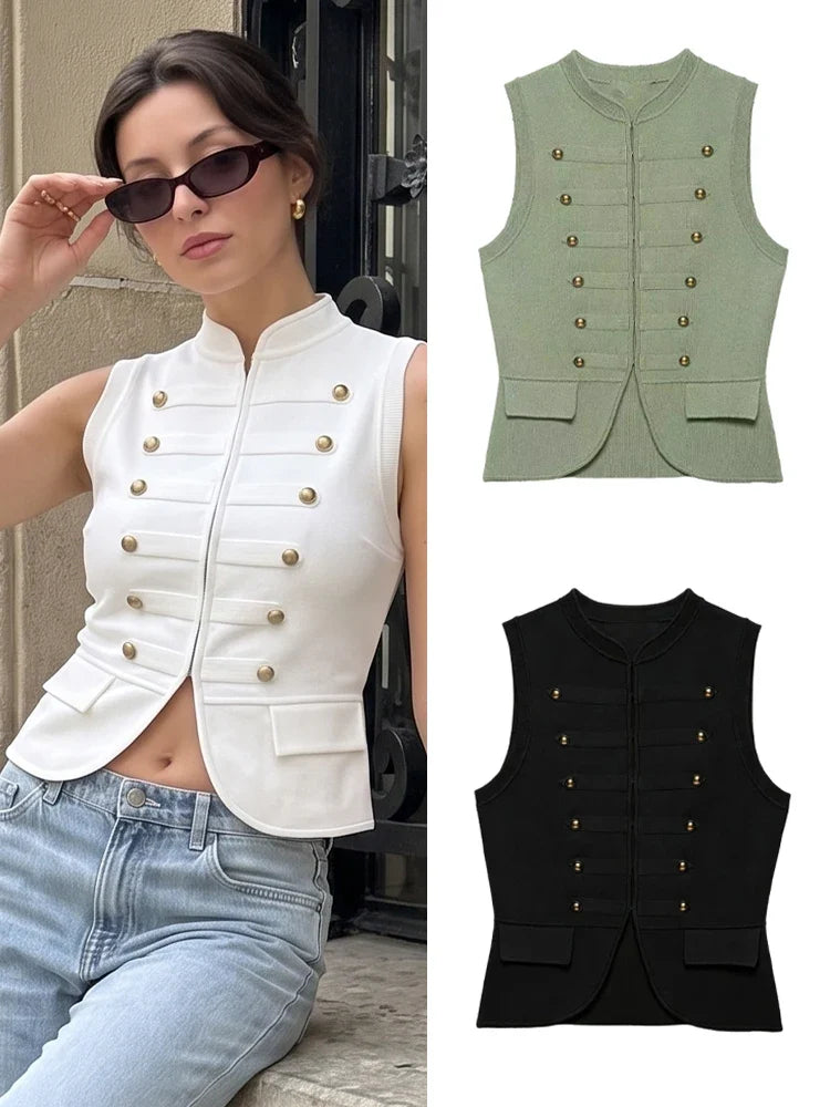 Women Elegant Solid Sleeveless Vest Double Breasted Decorative Slim Fit Short Chic Top 2026 Summer Casual Beach Vacation Top