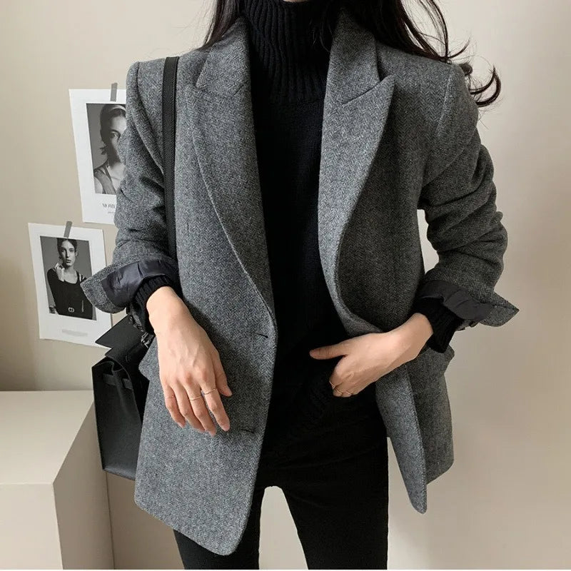 Women's Slim Fit Blazer Autumn Mid-Length Lapel Coat Contrast Cuff Detail Elegant Office & Commute Outerwear