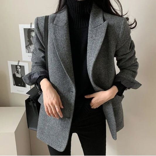 Women's Slim Fit Blazer Autumn Mid-Length Lapel Coat Contrast Cuff Detail Elegant Office & Commute Outerwear