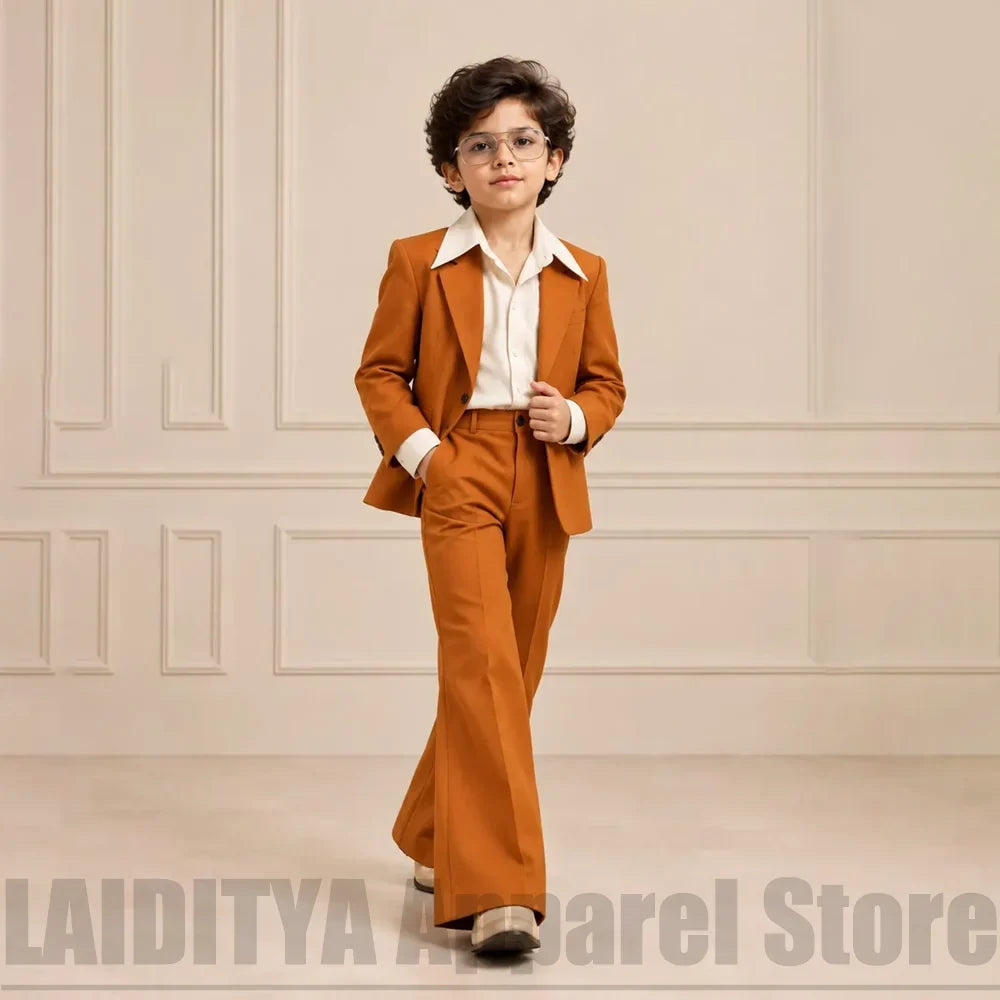 Kids Boys Vintage 2 Piece Suit Notched Collar Blazer Bell Bottom Pants Fashion Outfit For Wedding Birthday Party Tuxedo