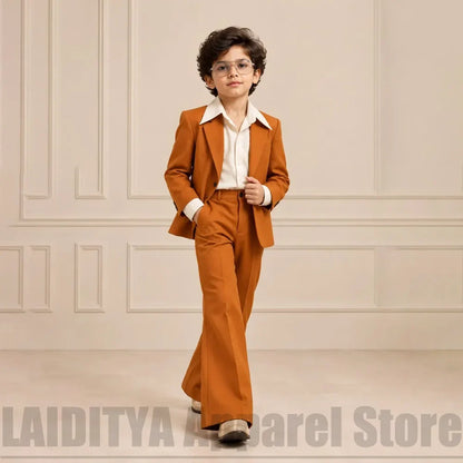 Kids Boys Vintage 2 Piece Suit Notched Collar Blazer Bell Bottom Pants Fashion Outfit For Wedding Birthday Party Tuxedo
