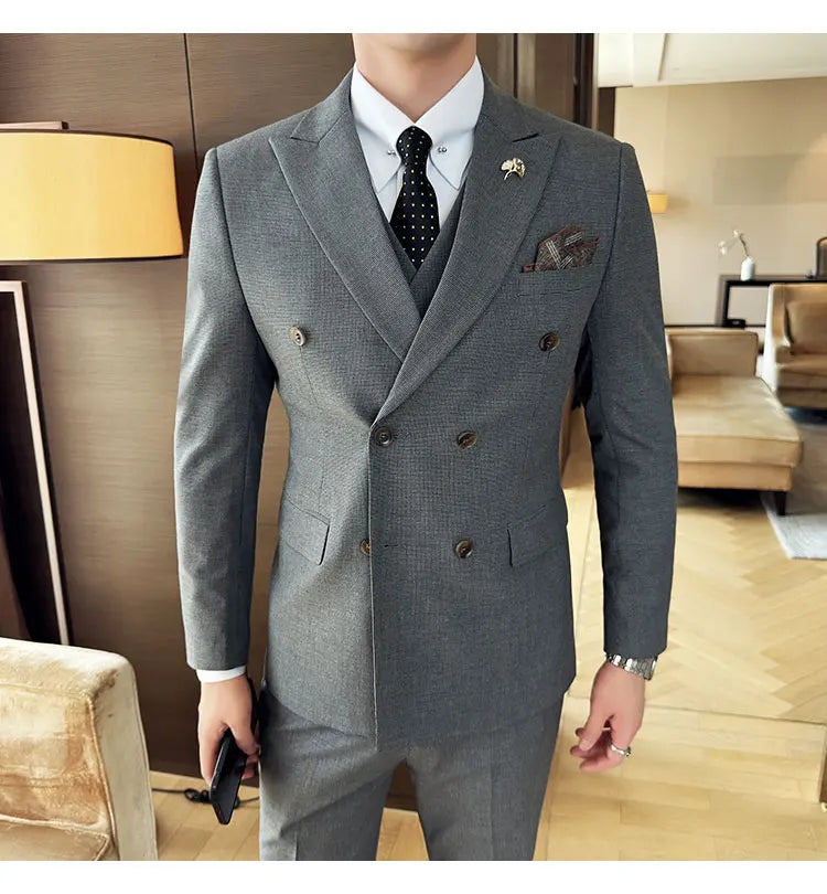 Autumn and winter high-end men's fashionable and stylish suit set, groom's wedding dress three-piece set, Korean-style slimming