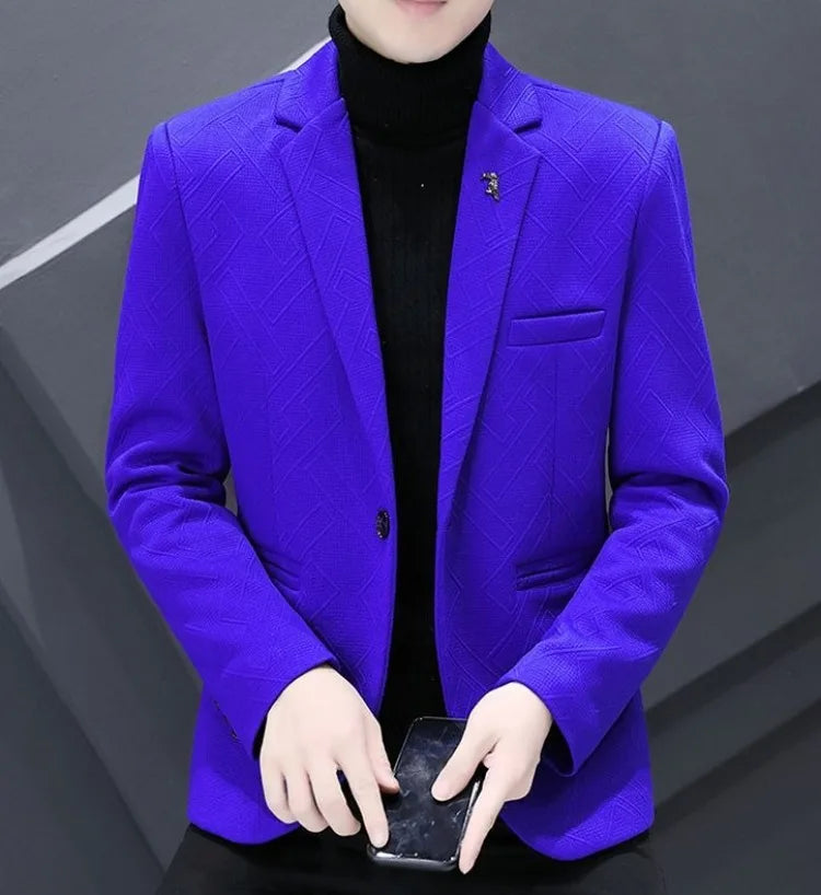 Men's Autumn Winter Fleece-Lined Slim Fit Casual Blazer Korean Style Solid Color Thick Warm Youth Fashion Suit Jacket