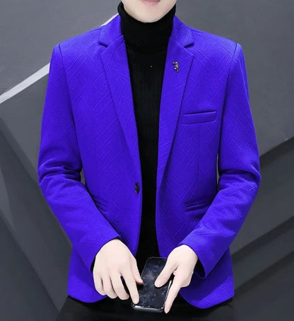 Men's Autumn Winter Fleece-Lined Slim Fit Casual Blazer Korean Style Solid Color Thick Warm Youth Fashion Suit Jacket