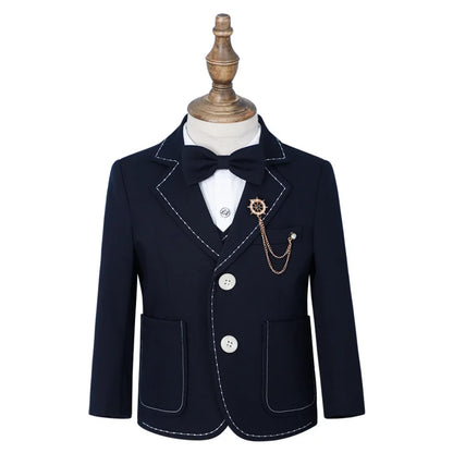 Gentlman Boys Formal Wedding Suit Set Kids Blazer Vest Pants Bowtie Brooch 5Pieces Clothes Set Children's Performance Costume