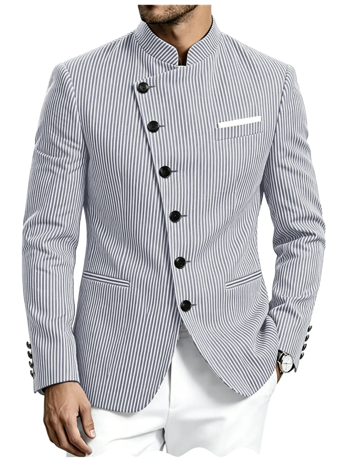 Men Mandarin Collar Suit Jacket Stand Collar Asymmetrical Single Breasted Men Blazer Slim Fit Business Formal Coat For Business