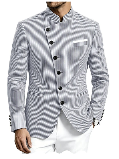 Men Mandarin Collar Suit Jacket Stand Collar Asymmetrical Single Breasted Men Blazer Slim Fit Business Formal Coat For Business