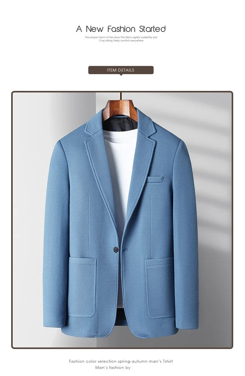 New men's suit jacket with non-stretch flat collar, waffle pattern, for business casual and fitted formal wear.
