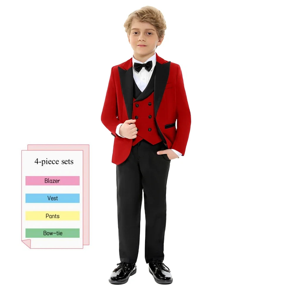 Boys 4-Piece Formal Suit Set – Single Breasted Peaked Lapel Kids Tuxedo for Weddings & Special Occasions