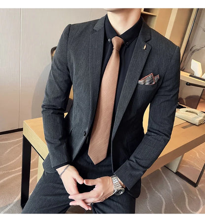 7XL 6XL(Jacket+Pant）Fashion Striped Men Slim Fit Suit Groom Wedding Tuxedo Formal Business Party Slim Fit Social Stage Costume