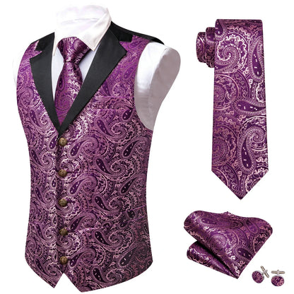 Men's Jacquard Paisley Vest Notched Lapel 3-Piece Set for Weddings & Formal Events – Purple