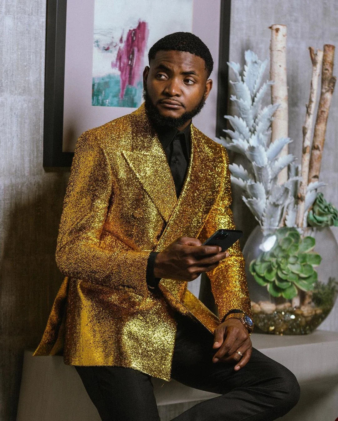 Gold Men's Suit 2 Pieces Blazer Black Pants One Button Peaked Lapel Business Slim Fit Formal Host Wedding Groom Costume Homme