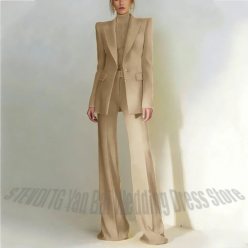 Women Pant Suit 2 Piece Set Office Female Business Work Formal Jacket Trouser One Button Chic Yellow Peaked Lapel Elegant Suit