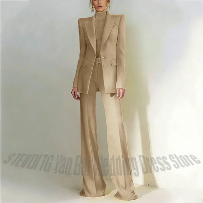 Women Pant Suit 2 Piece Set Office Female Business Work Formal Jacket Trouser One Button Chic Yellow Peaked Lapel Elegant Suit