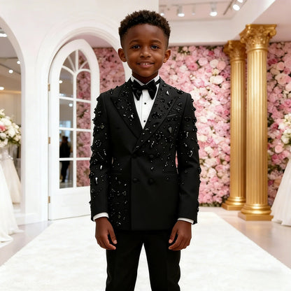 Boy's Suits 2 Pieces Black Beads Crystals Slim Fit Double Breasted Boy's Outfit Wedding Party Flower Children Sets（Blazer+Pants)