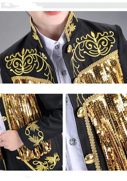 Boys Sequenant 2 Pieces/Set Jacket Pants Embroidery Paino Host Performance Dress Kids Stage Show Photography Suit Children's Set