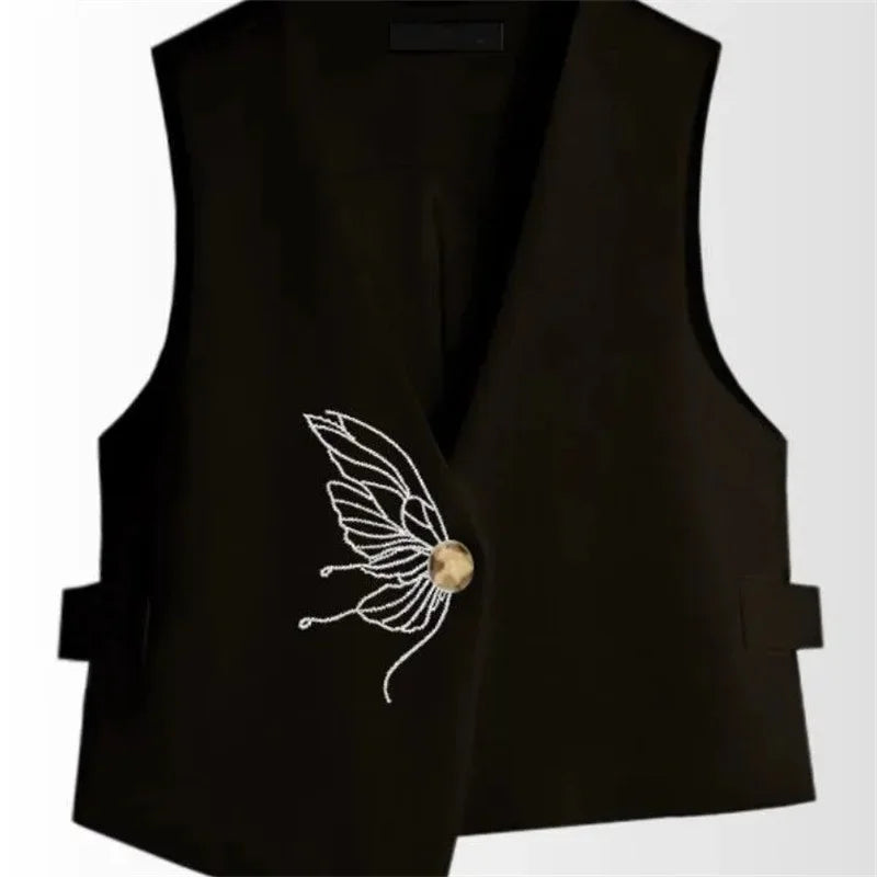 Retro Ladies Solid Color Sleeveless Coat Spring Autumn Women Fashion Embroidered Suit Waistcoat Top Female Irregular Vest Jacket