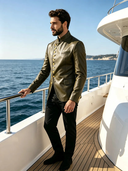 Luxury PU Men's Suit Blazer Single Breasted Stand Collar Slim Fit Leather Jacket Vintage High Quality Business Party Male Tuxedo