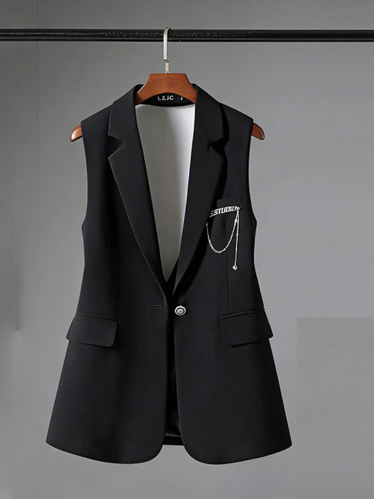 Elegant Slim-Fit Black Sleeveless Blazer Vest Women Backless Bow Tie Chain Decor Formal Office Waistcoat 2026 New