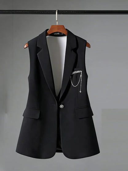 Elegant Slim-Fit Black Sleeveless Blazer Vest Women Backless Bow Tie Chain Decor Formal Office Waistcoat 2026 New