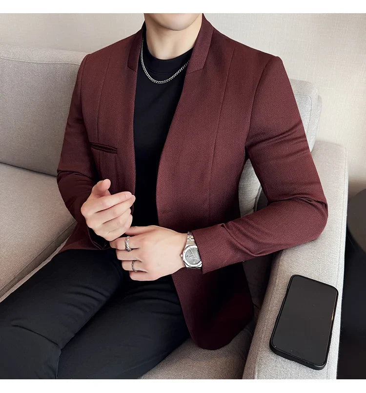 The New Chinese Style Collarless Suit Is Fashionable, Handsome and Versatile. It Is a Solid-Color Korean-Style Fitted and Fashio