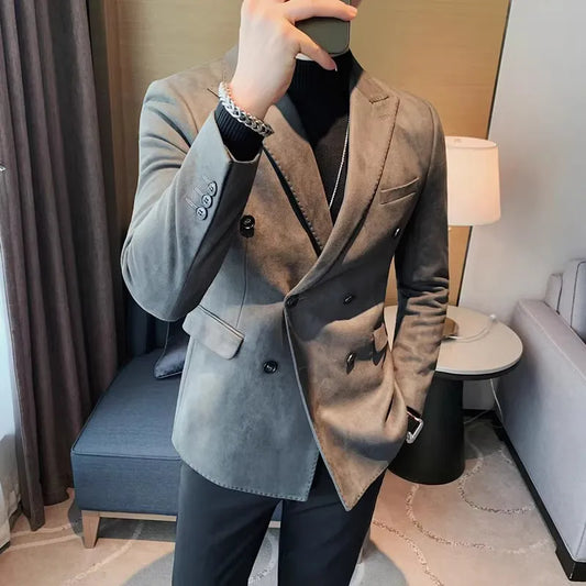2023 Autumn Winter Suede Blazers Men Double-breasted Buttons Casual Business Suit Jacket Streetwear Social Blazer Masculino